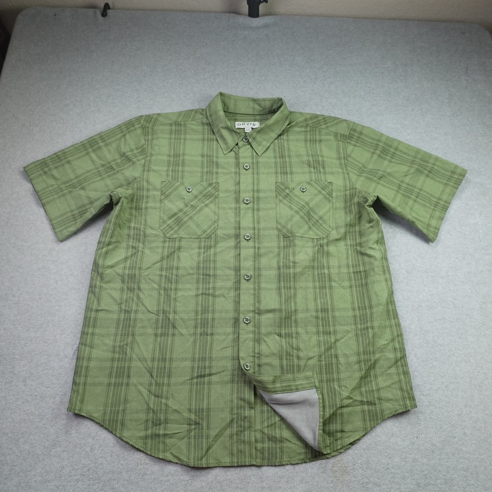 Orvis Shirt Mens XL Green Plaid Button Front Short Sleeve Outdoor Casual